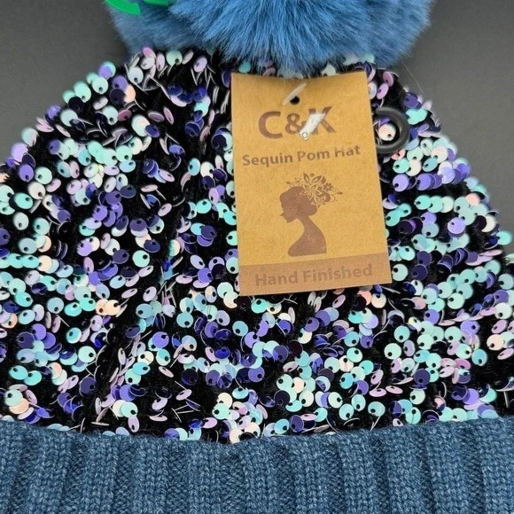 C&K Sequin Pom Hat Beanie Blue Faux Fur Pom Hand‎ Finished